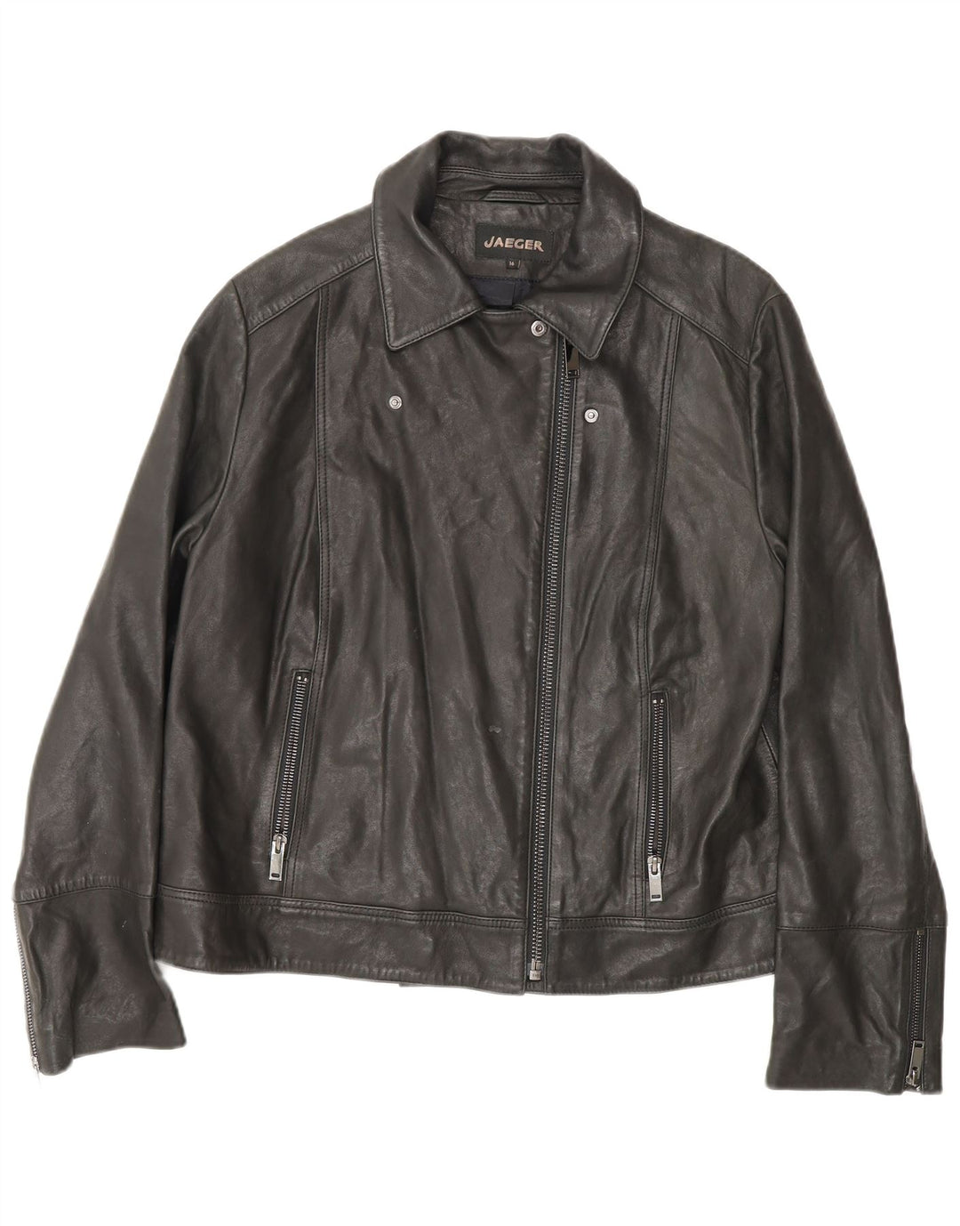 Jaeger Dame Læder Biker Jacket UK 16 Stor Sort Læder