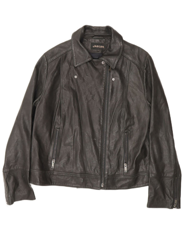 Jaeger Dame Læder Biker Jacket UK 16 Stor Sort Læder