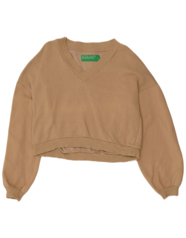 BENETTON Womens Crop Oversized Sweatshirt Jumper UK 10 Small Beige Bomuld