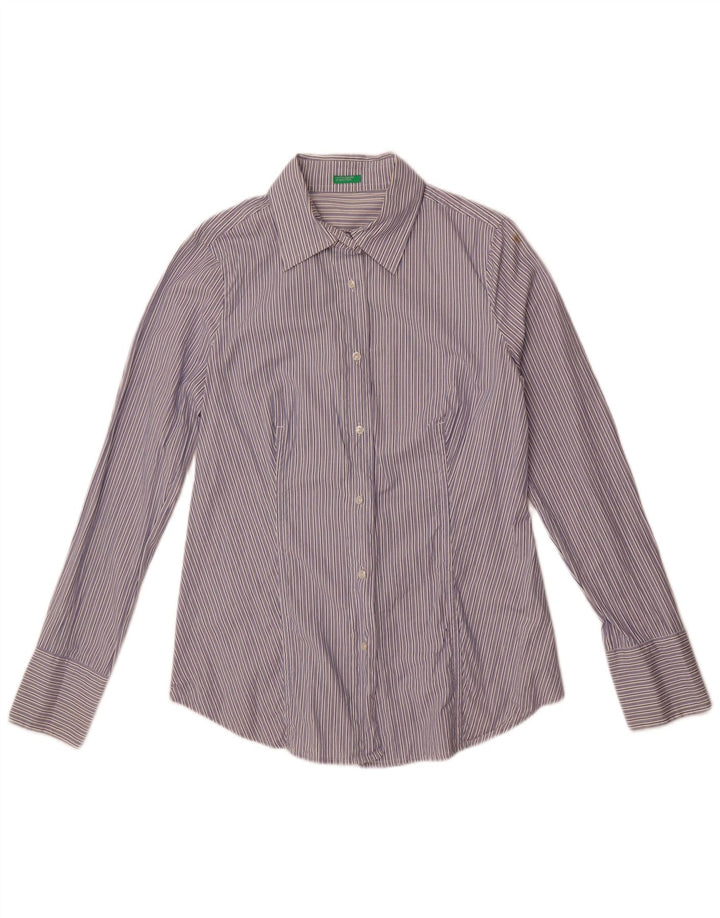 Benetton Dameskjorte UK 14 Mellemblå nålestribet bomuld