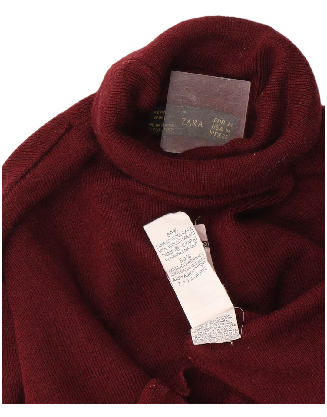 Zara Dame Rullehals Sweater UK 12 Medium Burgundy Wool