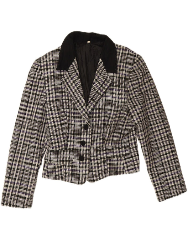 Vintage dame 3-knaps blazerjakke IT 44 Medium Grey Houndstooth Uld