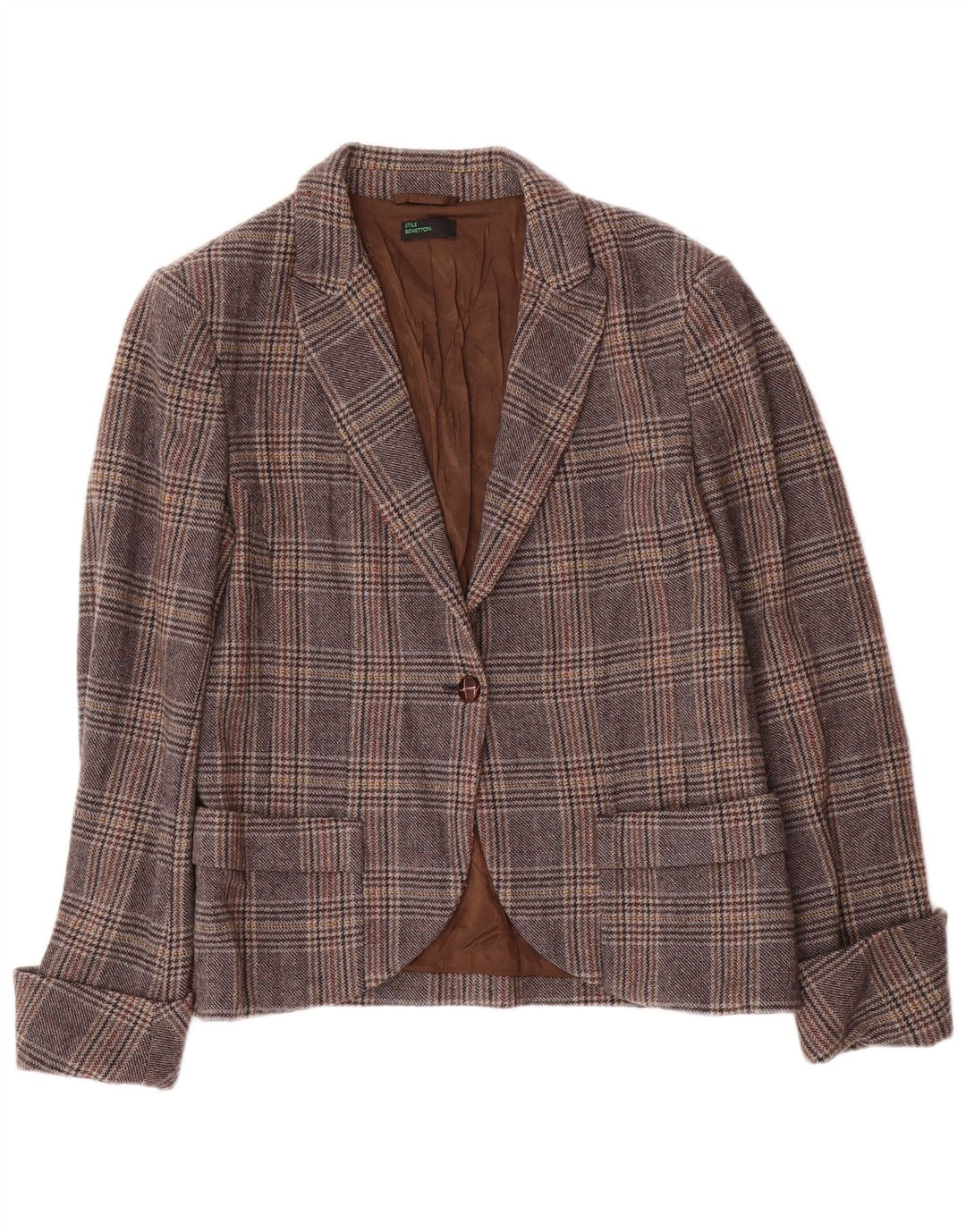 BENETTON Dame 1-knaps blazerjakke IT 46 Large Grå Houndstooth