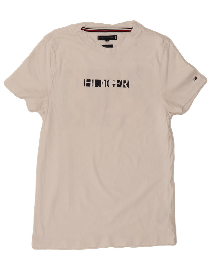 TOMMY HILFIGER Mens Graphic T-Shirt Top Small White Cotton Vintage Tommy Hilfiger and Second-Hand Tommy Hilfiger from Messina Hembry 