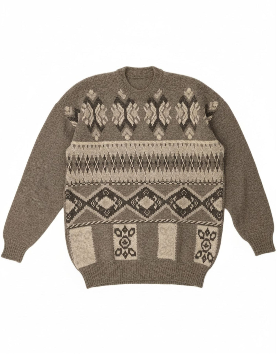 VINTAGE Mens Crew Neck Jumper Sweater Large Grey Fair Isle