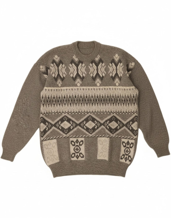 VINTAGE Mens Crew Neck Jumper Sweater Large Grey Fair Isle