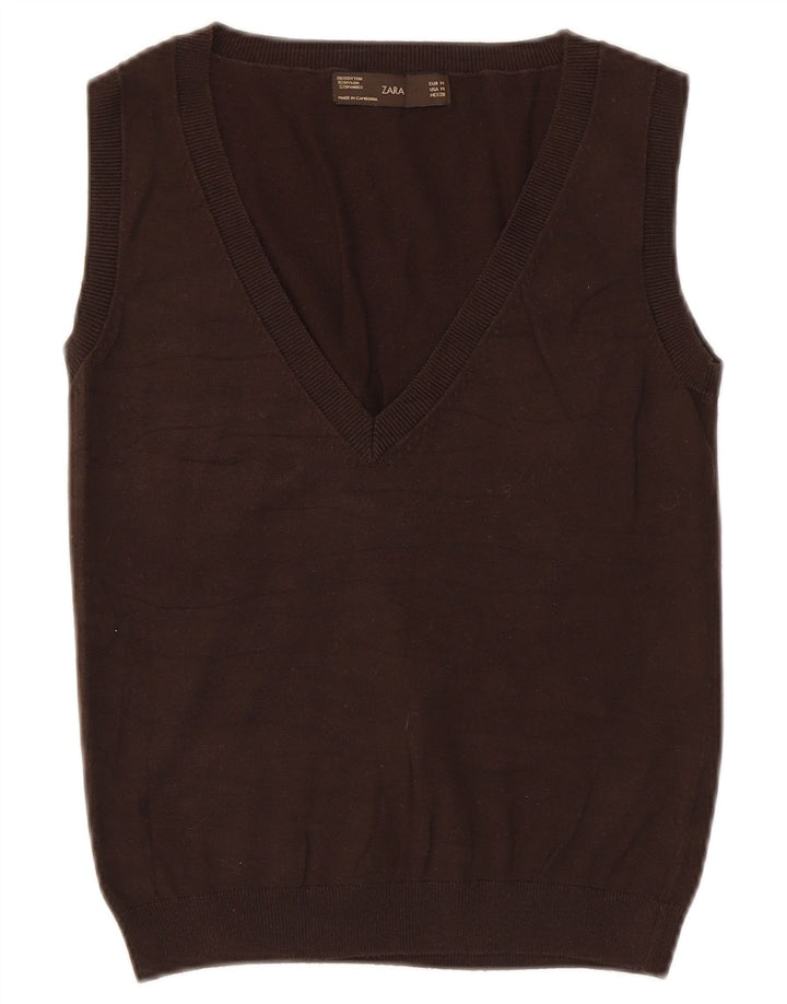 Zara Dame Vest Tank Top UK 12 Medium Brun Bomuld
