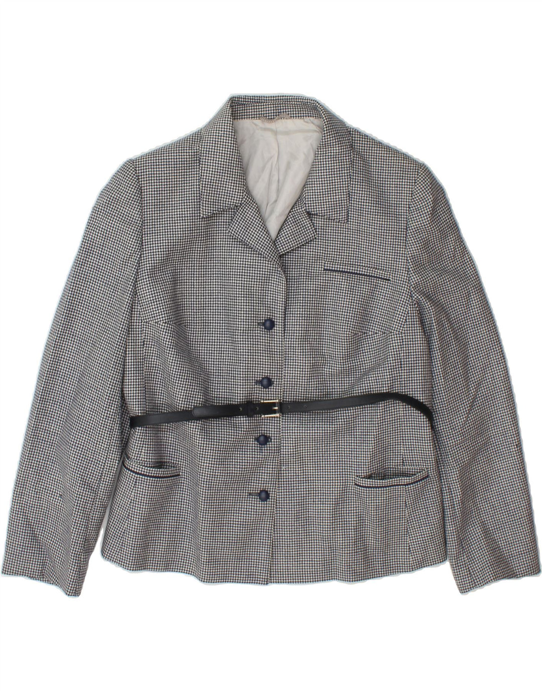 VINTAGE Womens 4 Button Blazer Jacket UK 14 Medium Navy Blue Houndstooth Vintage Vintage and Second-Hand Vintage from Messina Hembry 