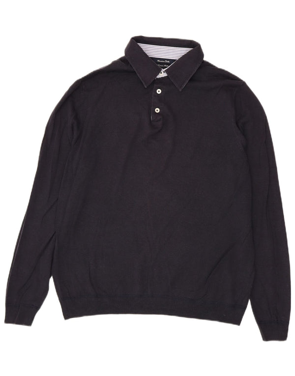 Massimo Dutti Herre Polo Neck Jumper Sweater Large Navy Blue Linen