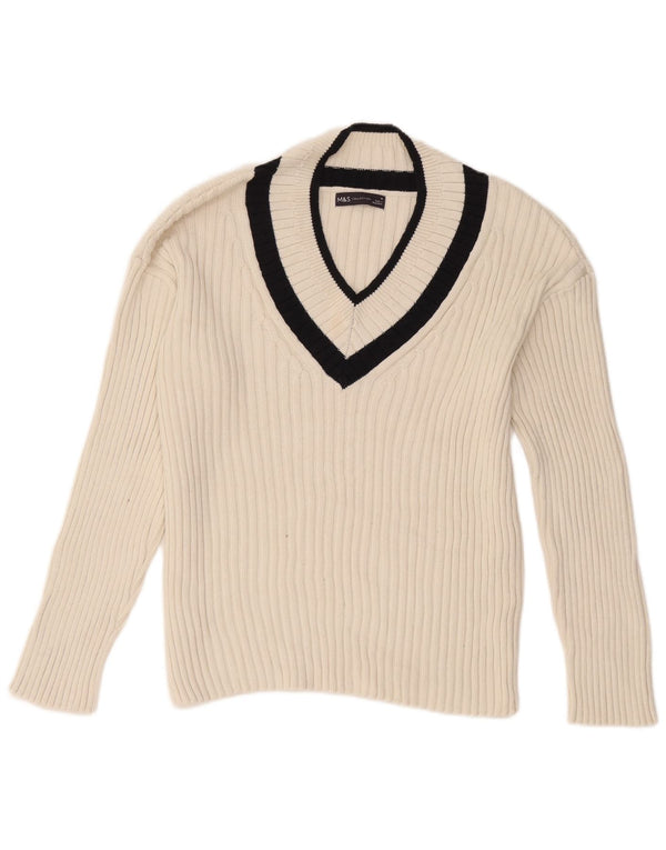 Marks & Spencer Dame V-hals sweater UK 14 Medium White Colourblock