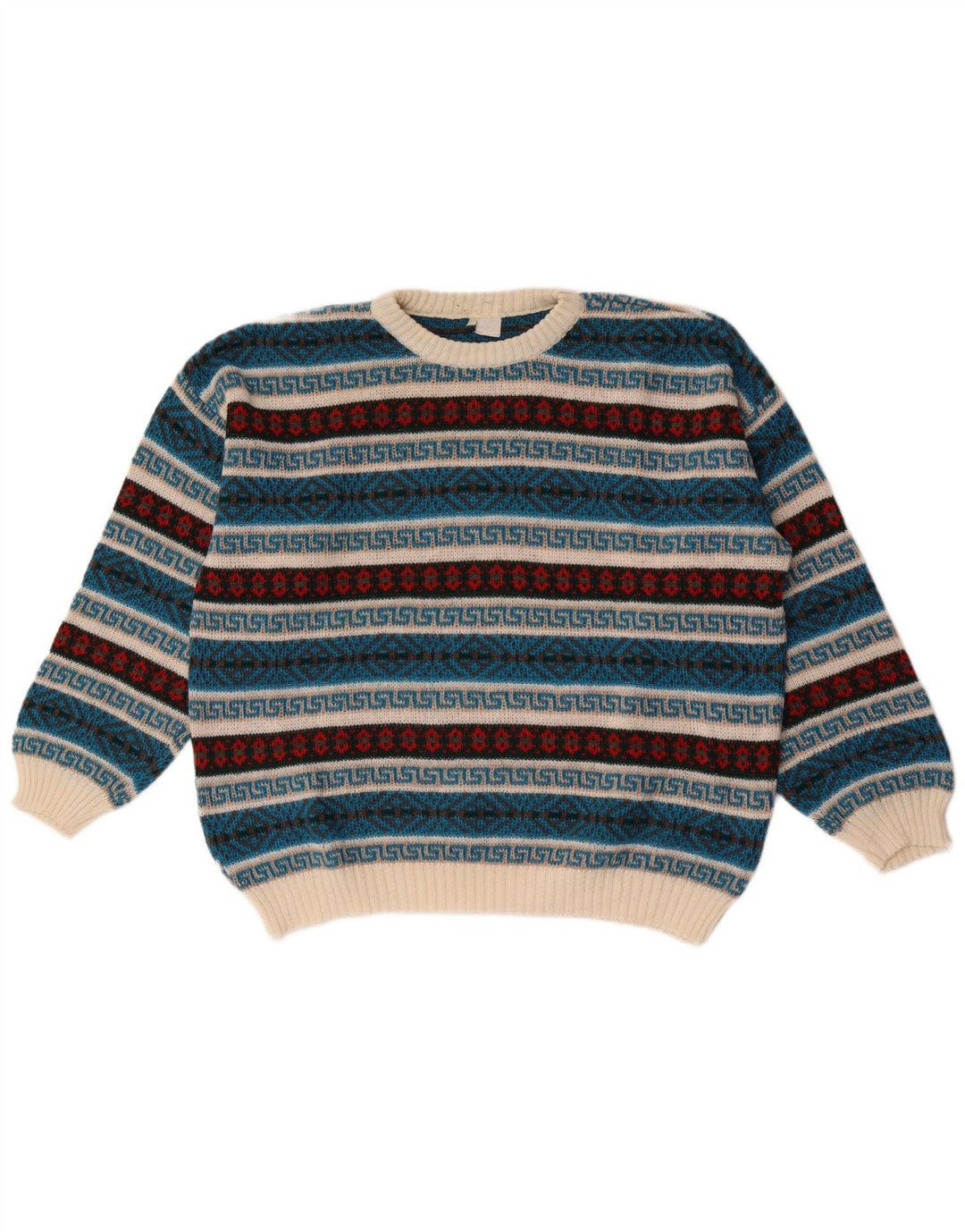 Vintage herre rund hals sweater XL flerfarvet geometrisk