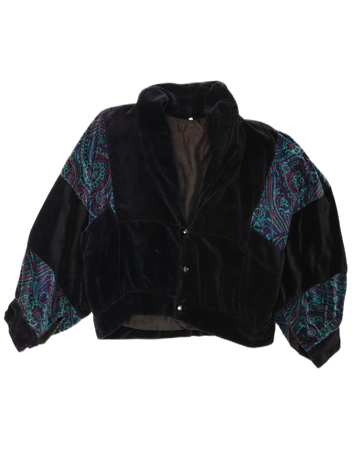 Vintage Kvinders Oversized Crop Bomber Jacket UK 10 Small Navy Blue Paisley
