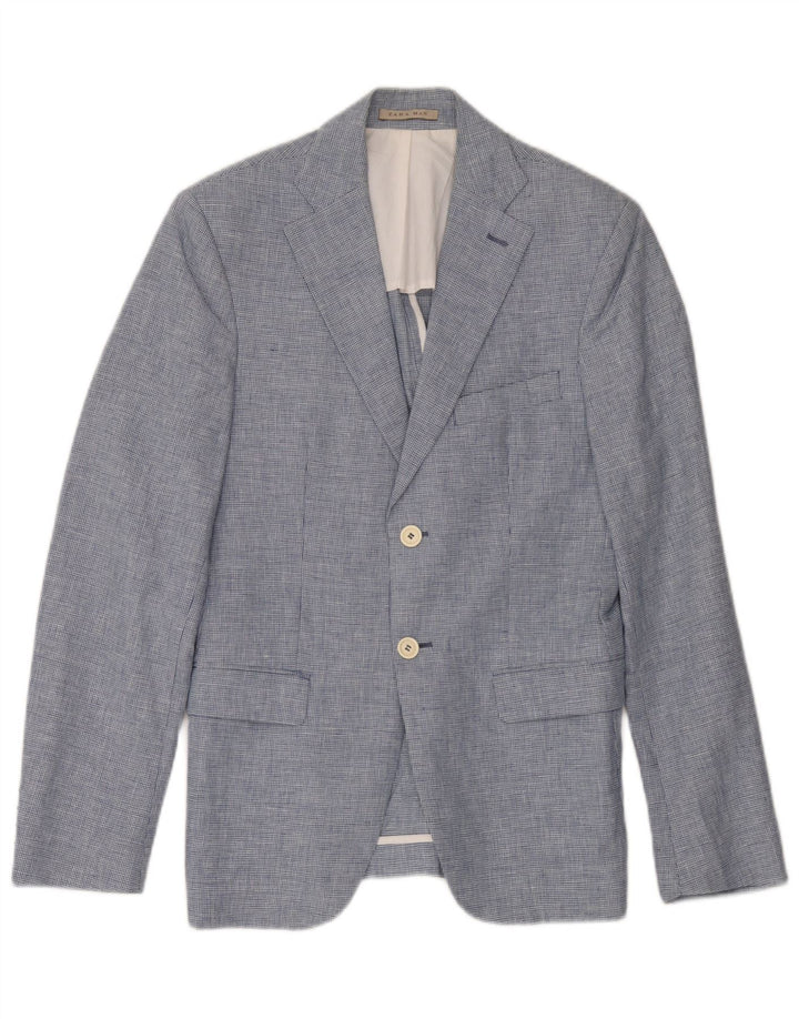 Zara Herre 2-knaps blazerjakke EU 46 Small Blue Houndstooth Linned