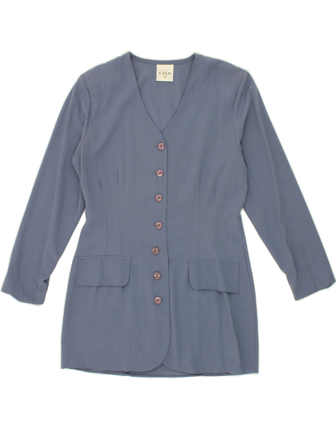 ETAM Womens Longline 7 button Blazer Jacket UK 12 Medium Blue Polyester Vintage Etam and Second-Hand Etam from Messina Hembry 