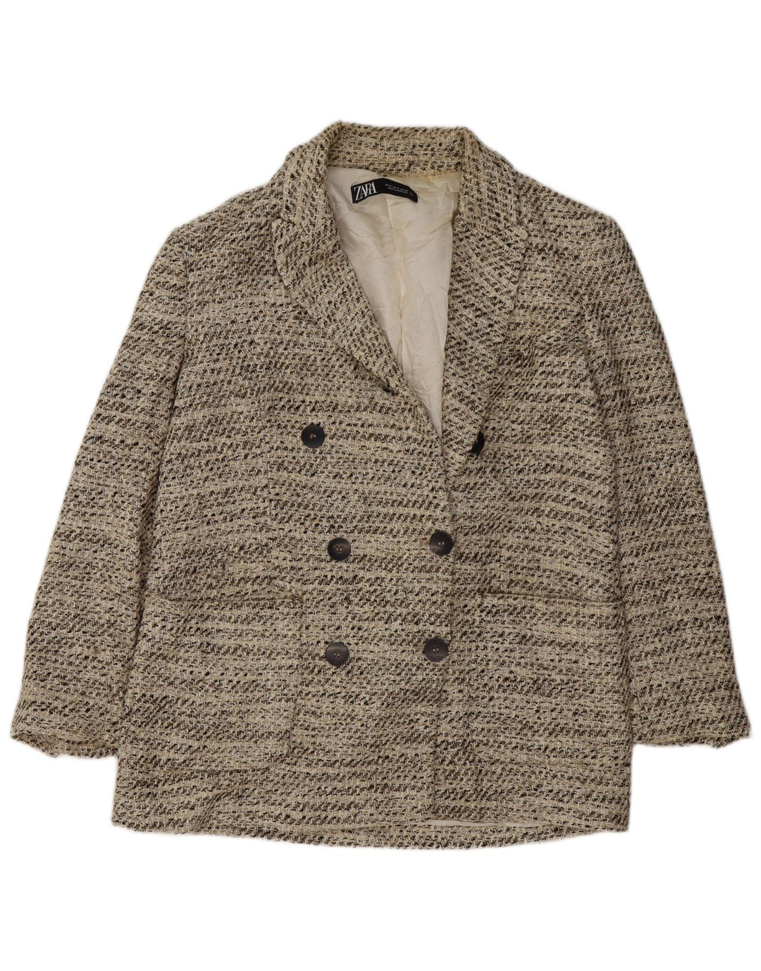 Zara Dame Dobbeltradet Blazer Jacket UK 14 Medium Beige Flecked Bomuld