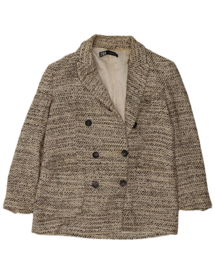 Zara Dame Dobbeltradet Blazer Jacket UK 14 Medium Beige Flecked Bomuld