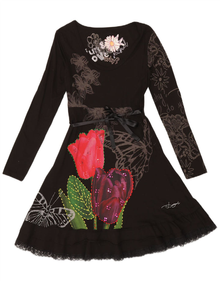 Desigual Dame A-Line Kjole UK 12 Medium Sort Blomster Farverig