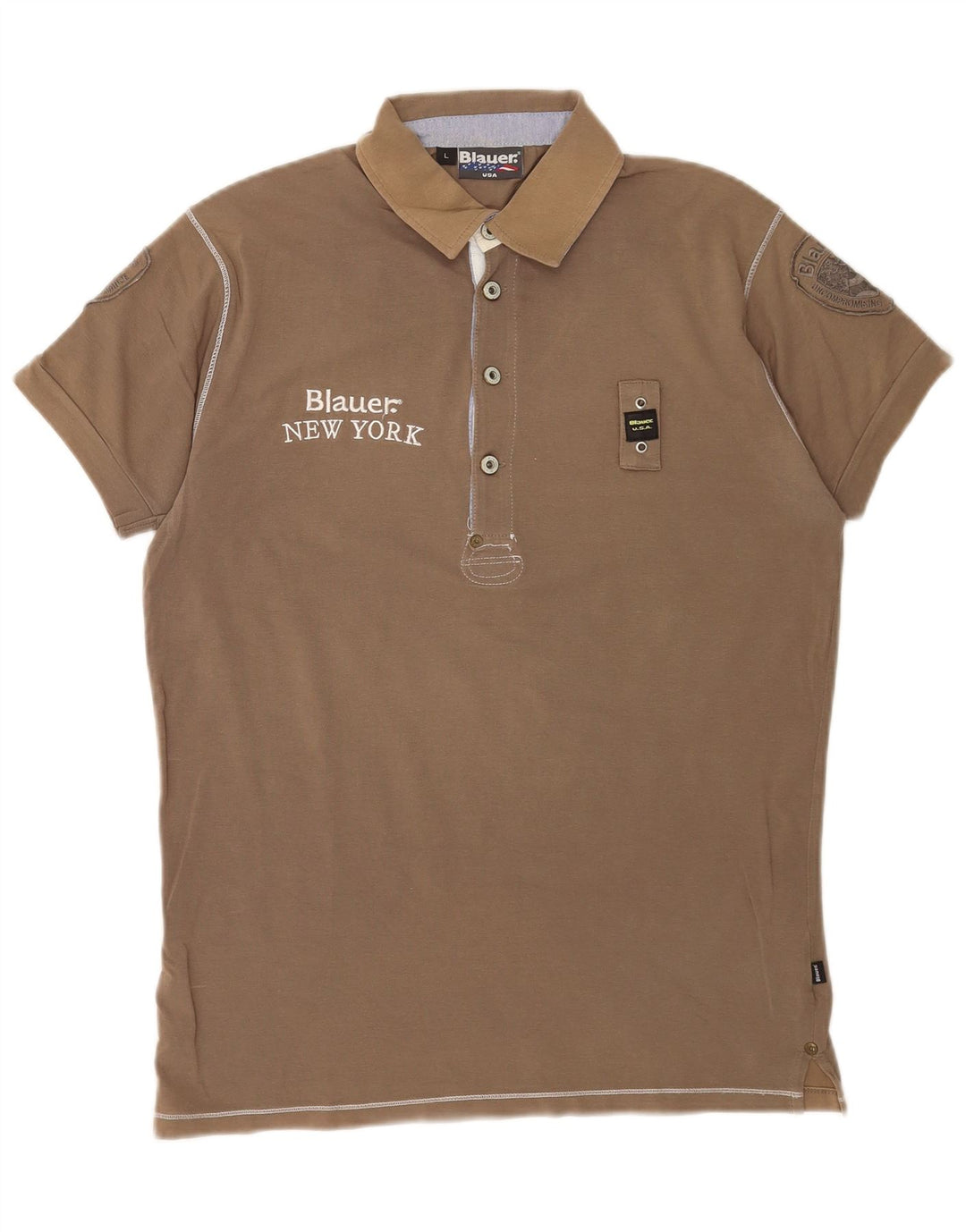Blauer grafisk poloshirt til mænd, stor brun