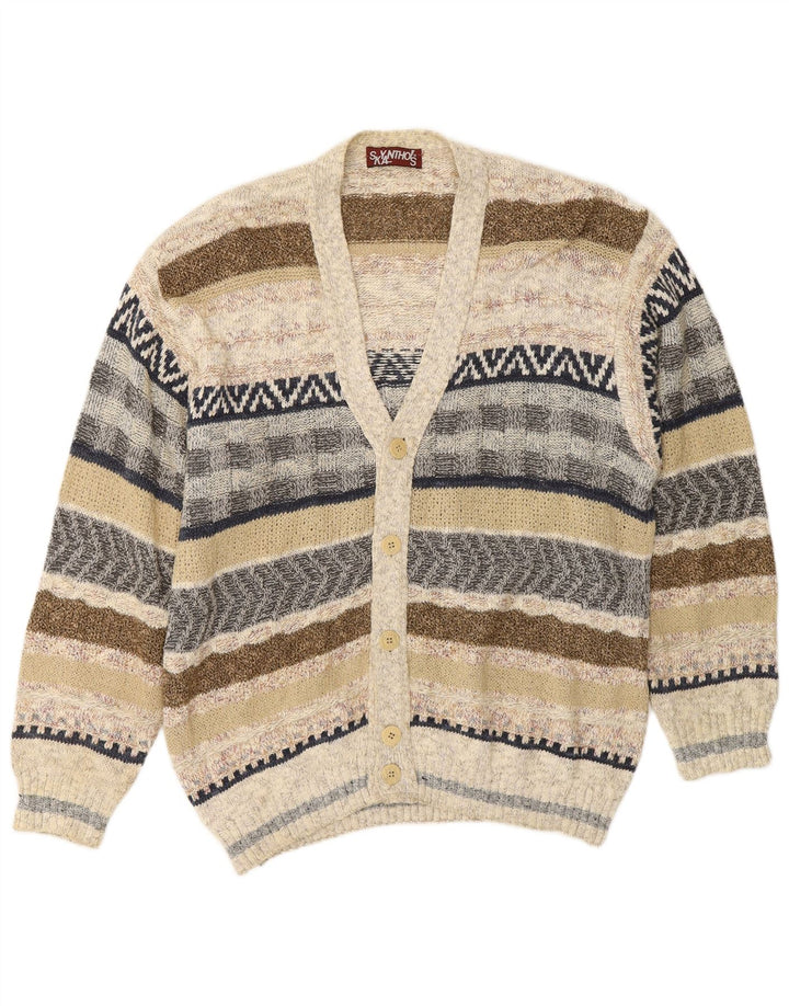 VINTAGE Mens Cardigan Sweater Large Beige Striped