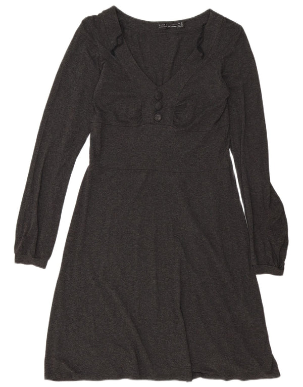 Zara Dame Langærmet A-Line Kjole UK 14 Large Grå Flecked Viscose