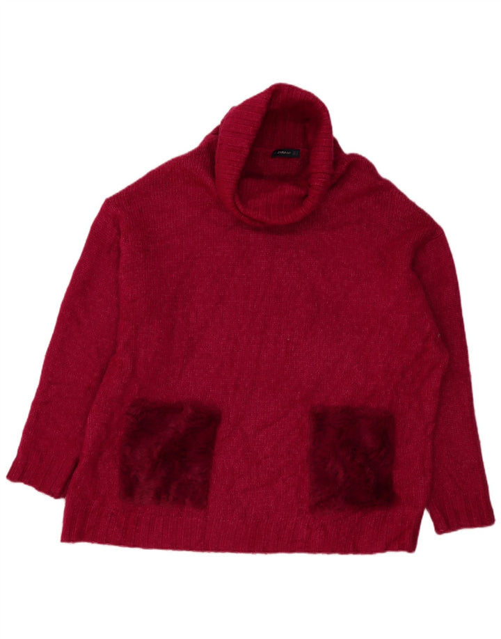 Zara Dame Oversized Roll Neck Jumper Sweater UK 14 Medium Pink Akryl
