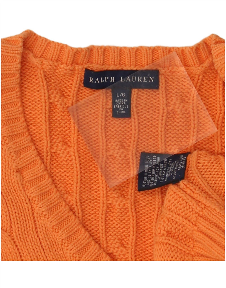 RALPH LAUREN Dame V-hals sweater UK 14 Stor Orange Bomuld