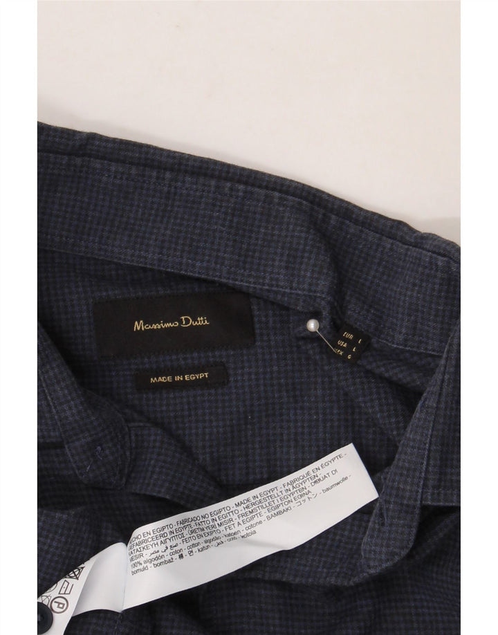 Massimo Dutti Mens Shirt Large Navy Blue Houndstooth Cotton