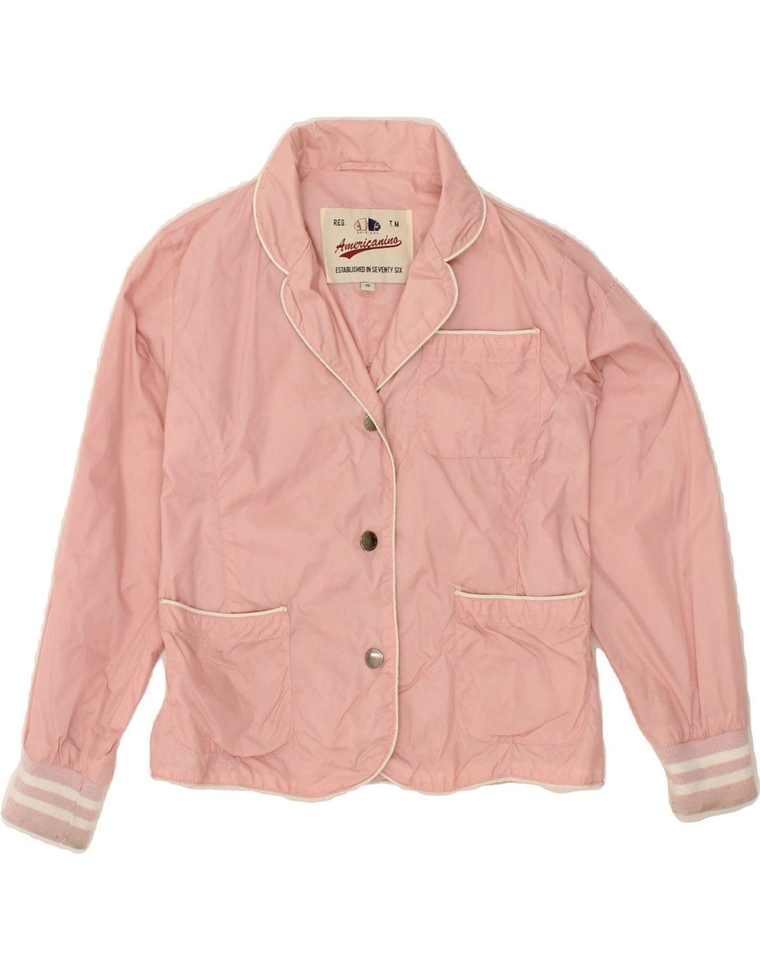 AMERICANINO Girls 3 Button Blazer Jacket 7-8 Years Pink Nylon Vintage Americanino and Second-Hand Americanino from Messina Hembry 