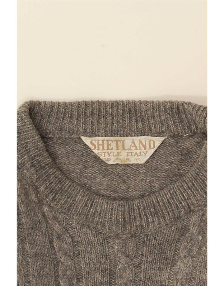 Vintage herre sweater med rund hals, mellemgrå geometrisk uld