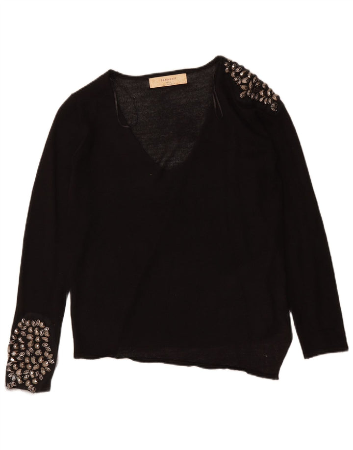 Zara Dame V-hals sweater UK 16 Stor Sort Plettet