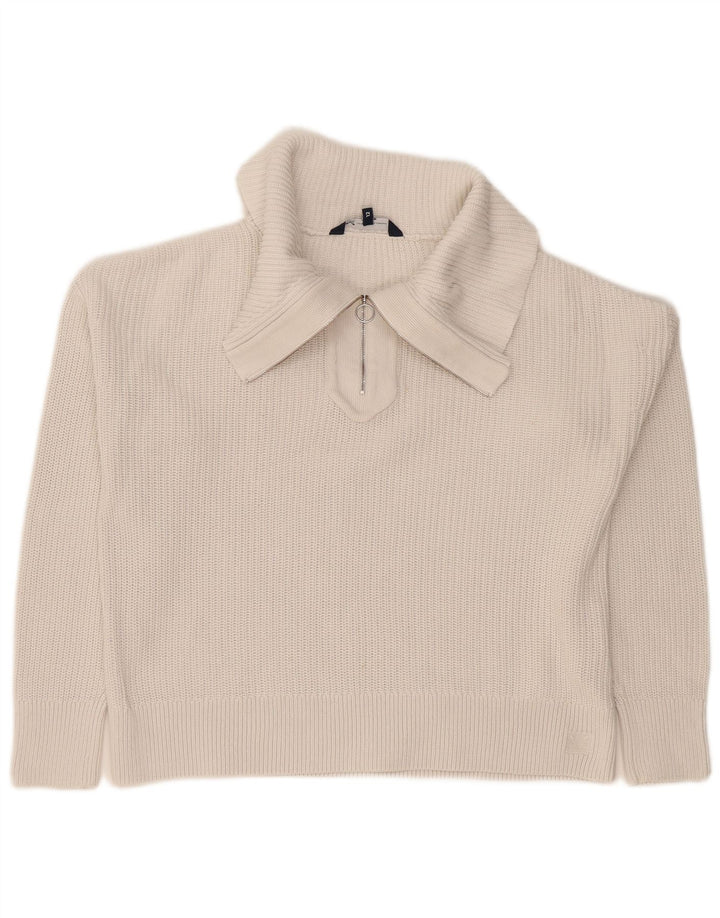 Besætningstøj Dame Crop Zip Neck Jumper Sweater UK 12 Medium White