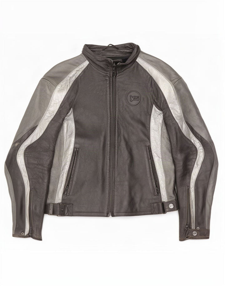 Vintage Herre Læder Racer Jakke IT 52 Stor Sort Colourblock
