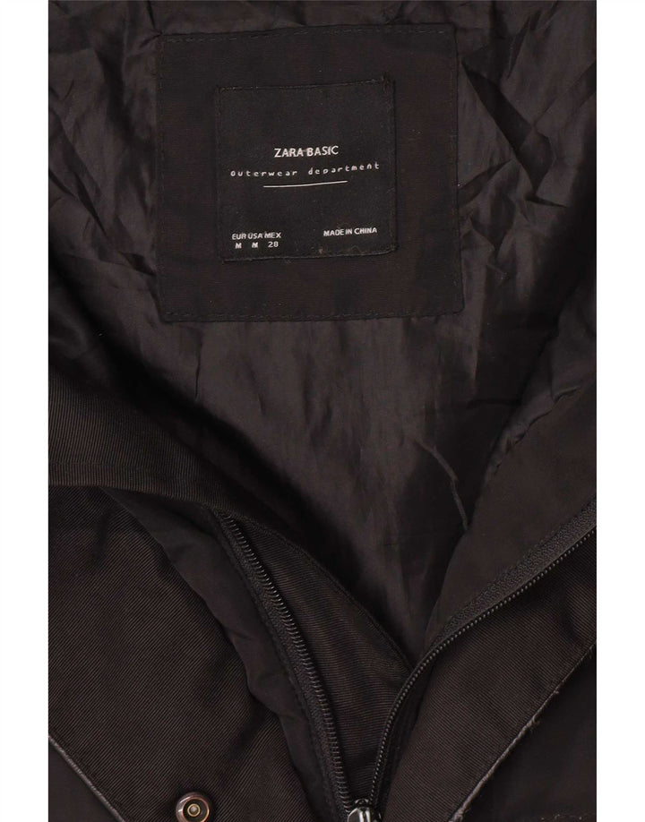 Zara Dame Hætte Polstret Frakke UK 14 Medium Sort