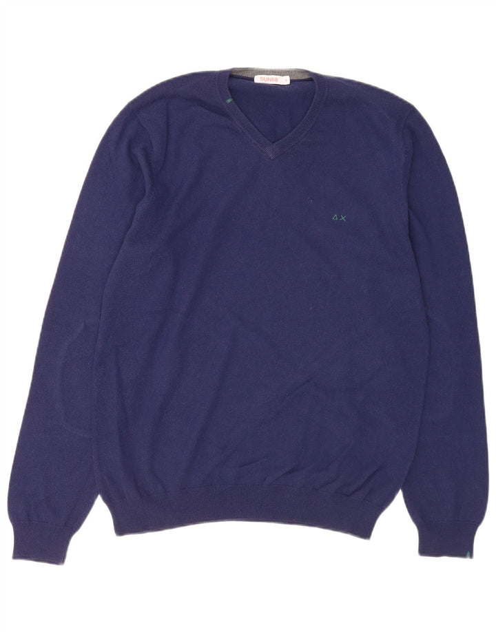 SUN68 Herre V-hals sweater mellemblå uld