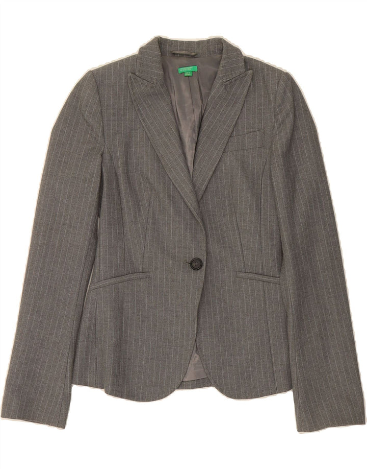 BENETTON Womens 1 Button Blazer Jacket IT 40 Small Grey Striped Polyester Vintage Benetton and Second-Hand Benetton from Messina Hembry 