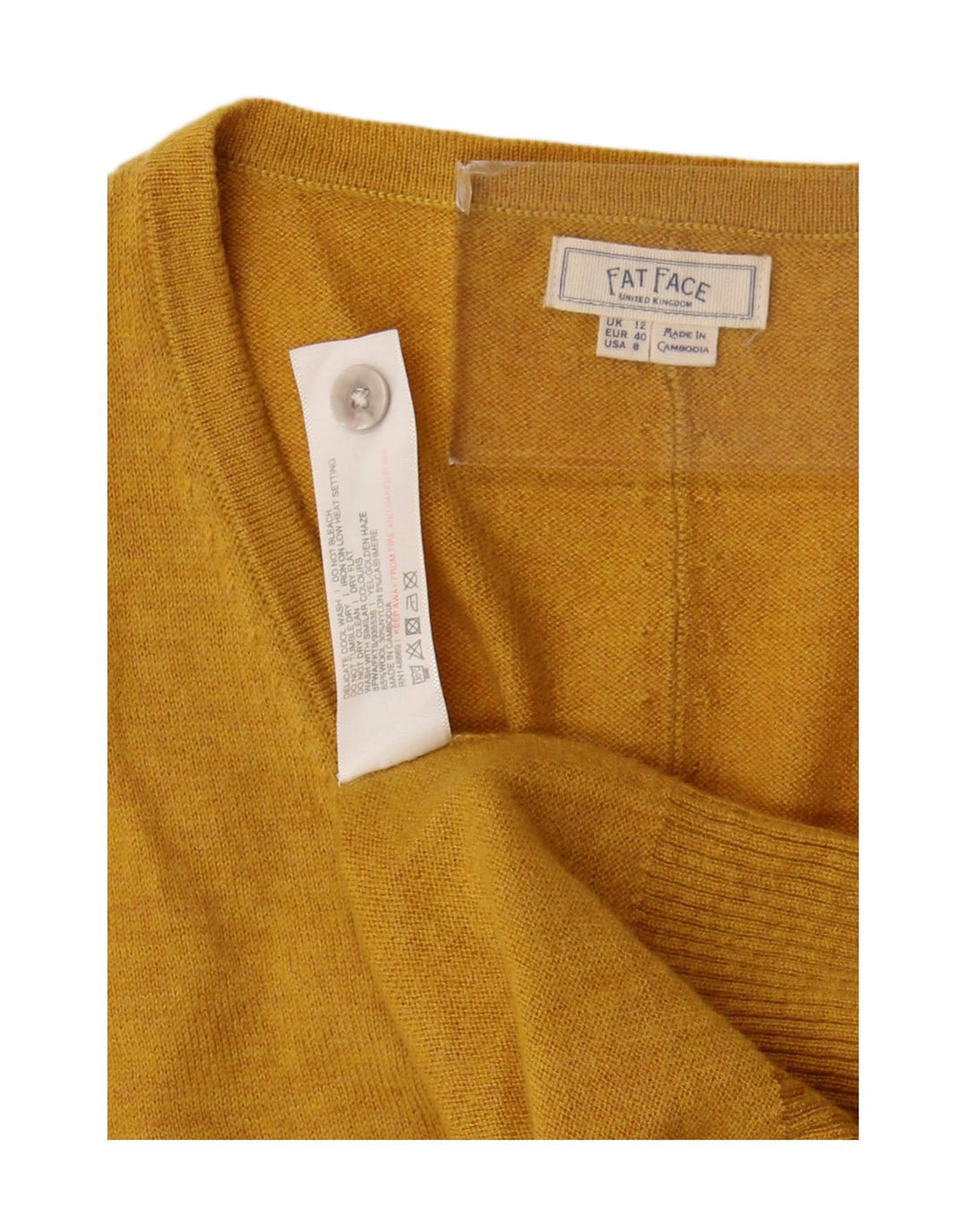 Fat Face Dame Cardigan Sweater UK 12 Medium Yellow Wool