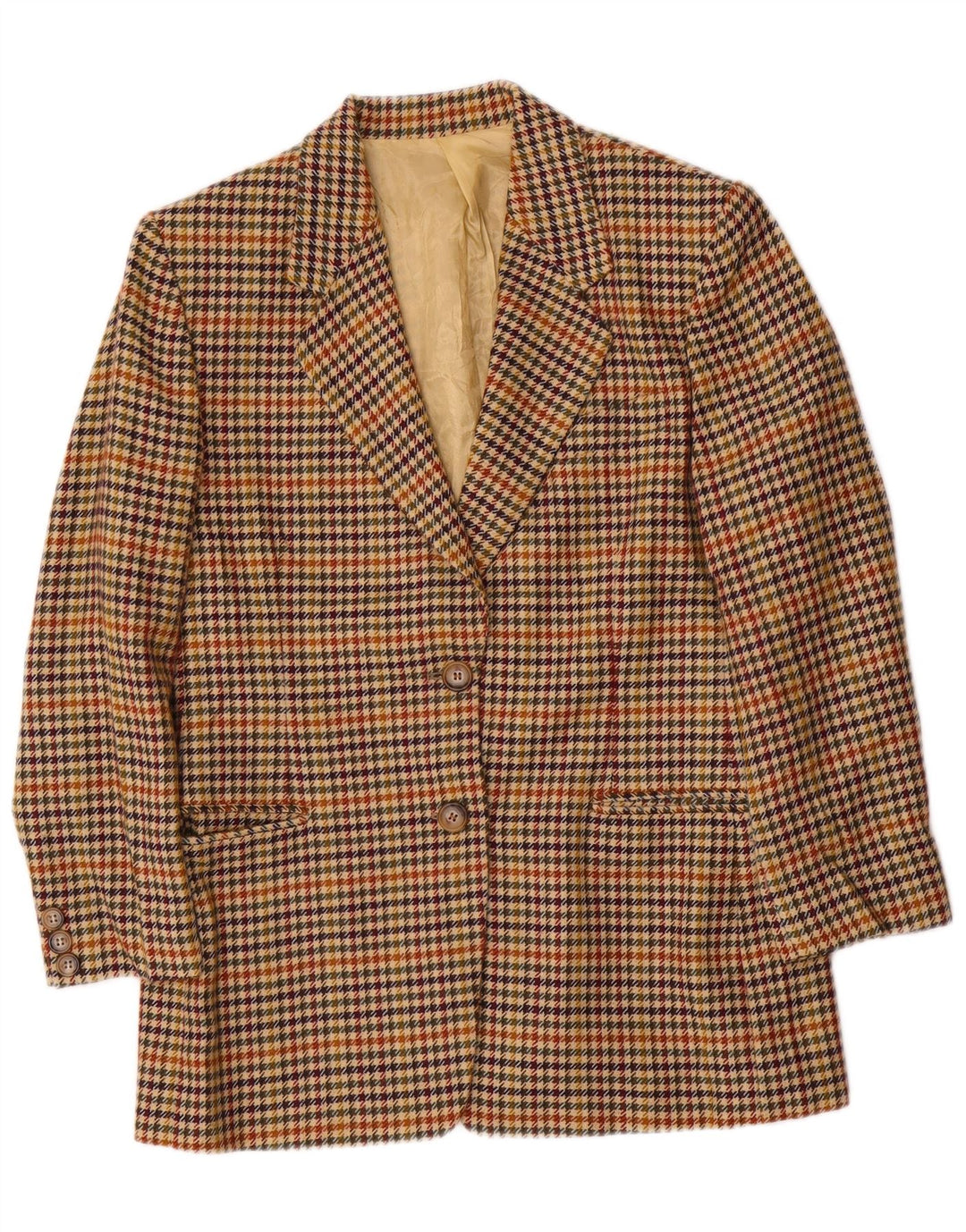 Vintage dame 2-knaps blazerjakke UK 12 Medium Beige Houndstooth Uld