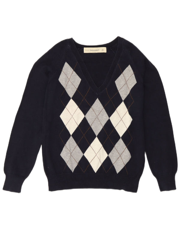Zara Dame V-hals sweater UK 14 Large Navy Blue Argyle/Diamond