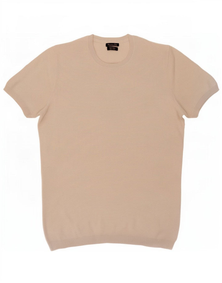Massimo Dutti Herre Kortærmet Crew Neck Jumper Sweater Stor Beige Bomuld