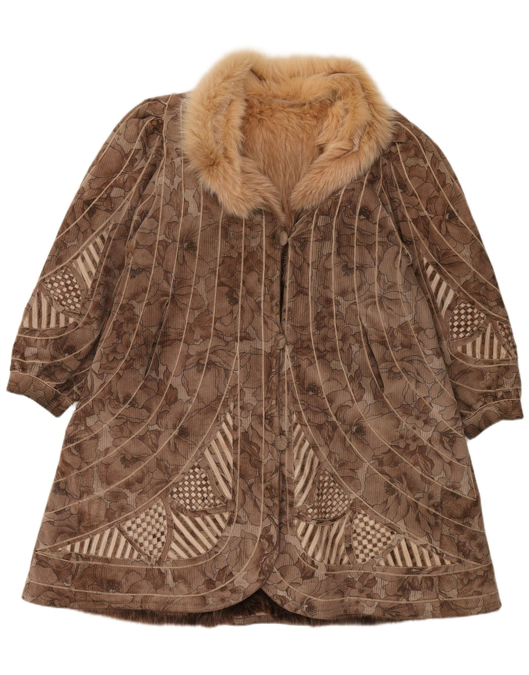 VINTAGE Dame imiteret Pels Vendbar Overfrakke UK 18 XL Brun Blomster