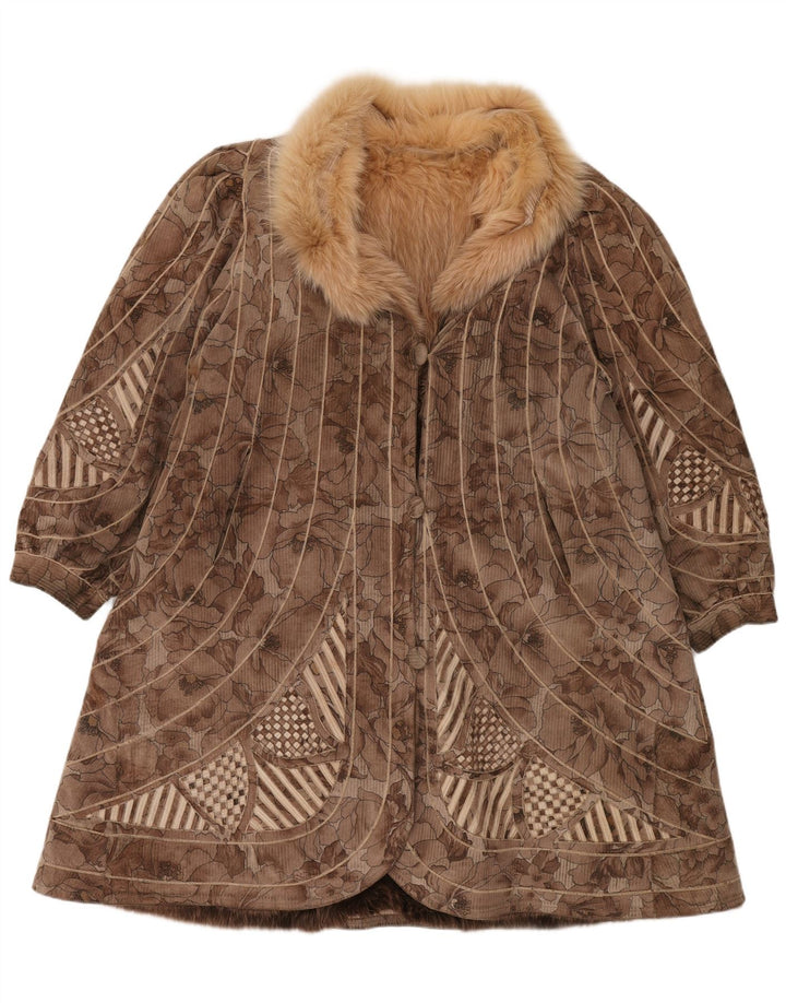 VINTAGE Dame imiteret Pels Vendbar Overfrakke UK 18 XL Brun Blomster