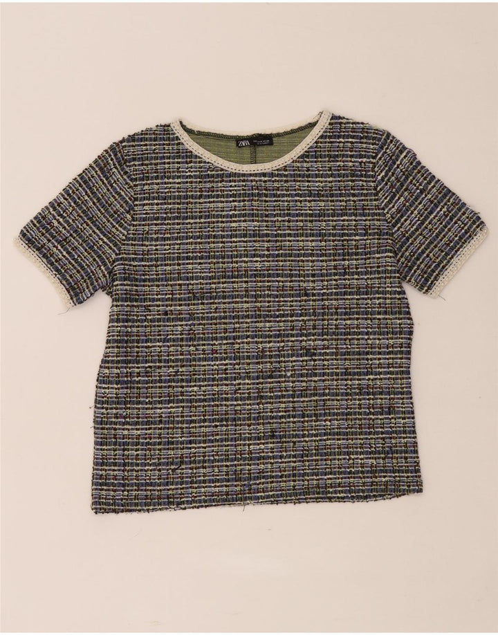 Zara Womens Crop T-Shirt Top UK 12 Medium Flerfarvet ternet polyester