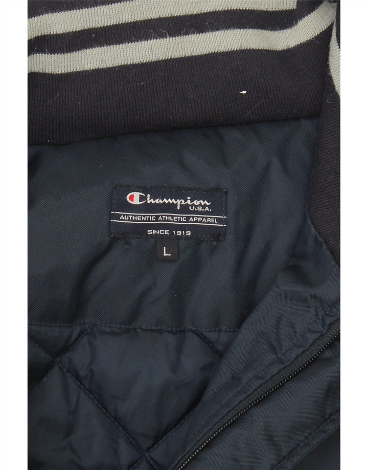 CHAMPION Mens Graphic Padded Jacket UK 40 Large Navy Blue Vintage Champion and Second-Hand Champion from Messina Hembry 
