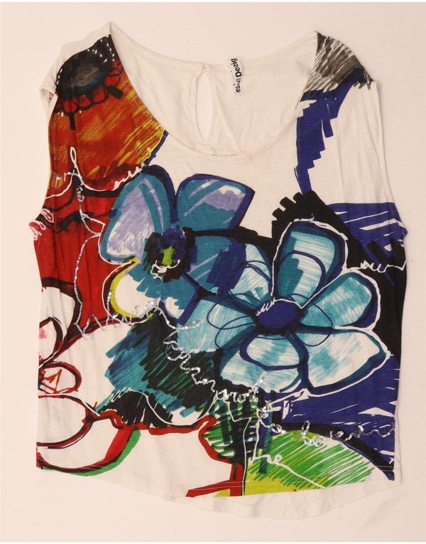 Desigual Kvinders Grafisk Vest Top UK 18 XL Hvid Blomsterbomuld