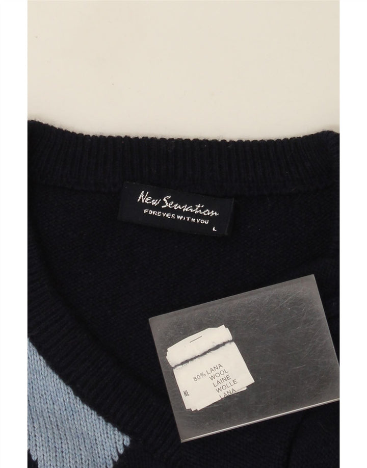 Ny Sensation Herre V-hals Jumper Sweater Large Navy Blue Argyle/Diamond
