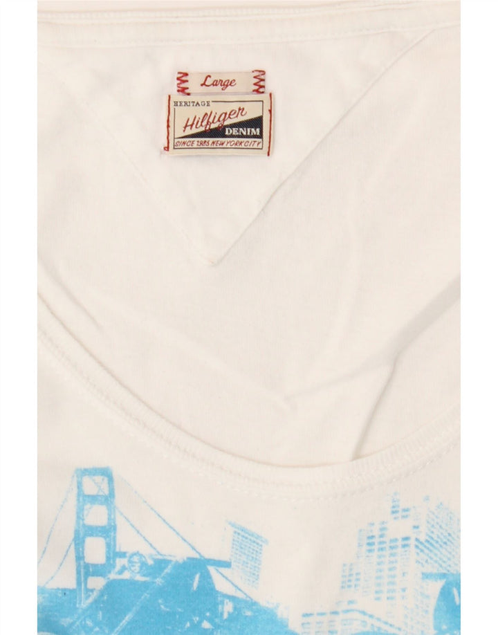 TOMMY HILFIGER Mens Graphic T-Shirt Top Large White Vintage Tommy Hilfiger and Second-Hand Tommy Hilfiger from Messina Hembry 