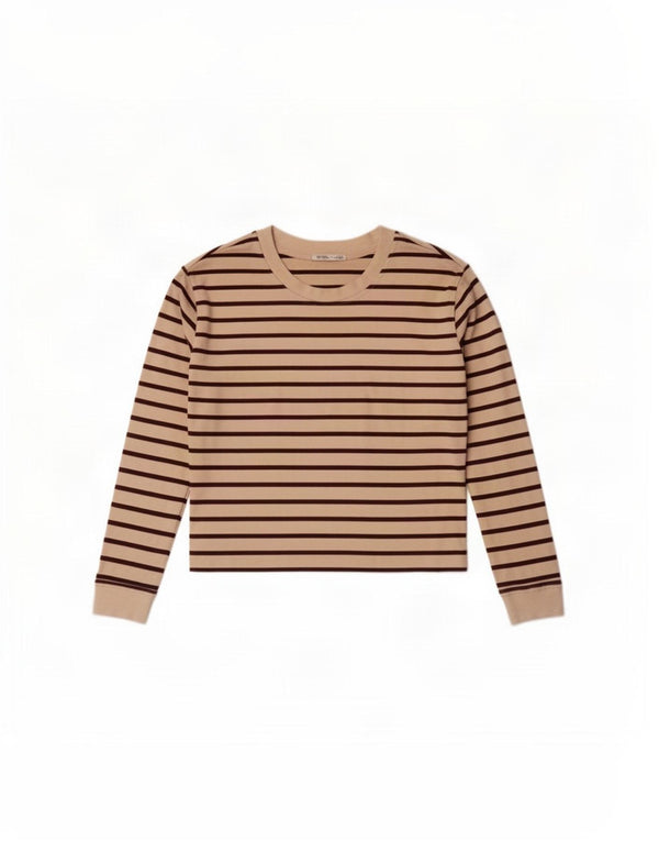 Zara Womens Crop Top Langærmet UK 14 Medium Beige Stribet Bomuld