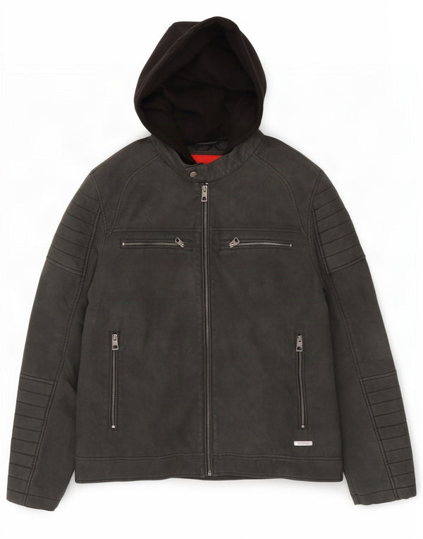 Guess Mens Hooded Faux Leather Racing Jacket UK 40 Large Grey Polyurethane