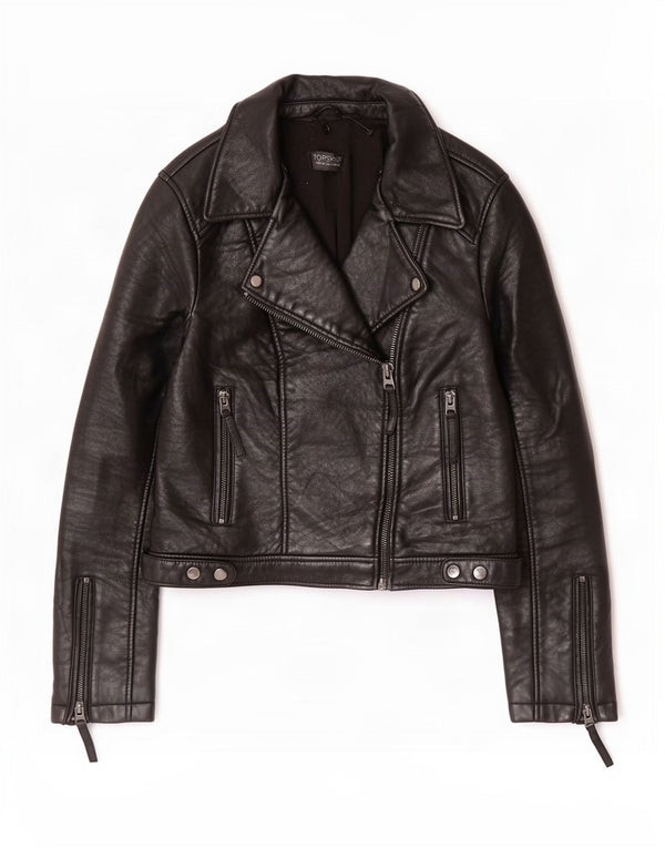 Topshop Dame Læder Biker Jacket UK 12 Medium Sort