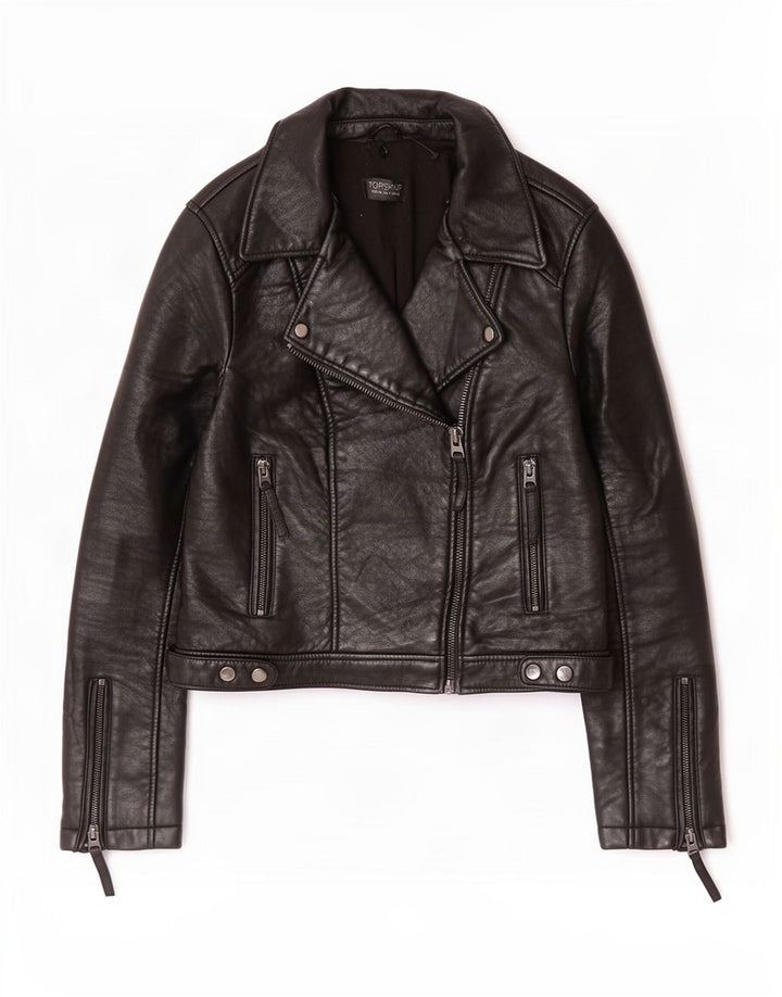 Topshop Dame Læder Biker Jacket UK 12 Medium Sort